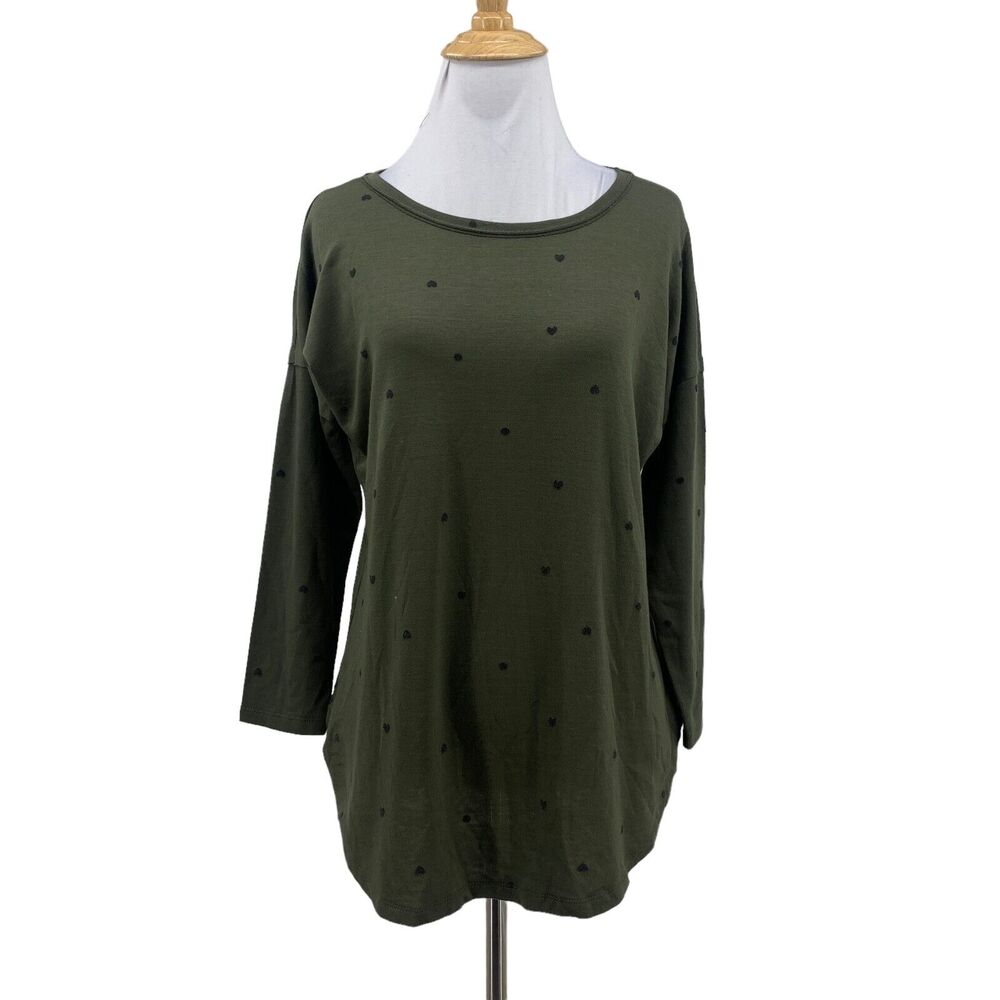 Bobeau Green Heart Print Top Womens S Small 3/4 Sleeves Curved Hem Stretch Shirt